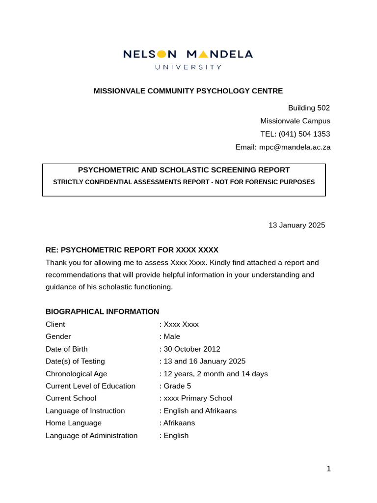 Psychometric Report for Xxxx Xxxx | PDF | Intelligence Quotient ...