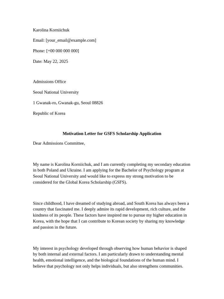 GSFS Scholarship Motivation Letter | PDF | Psychology | Motivation