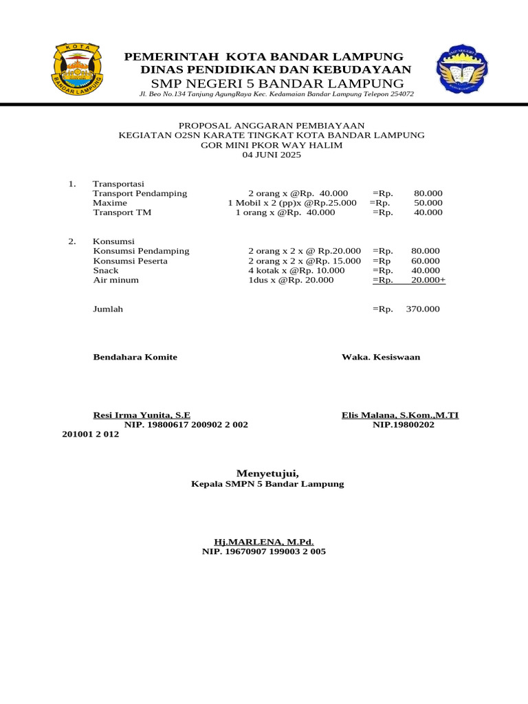 Proposal Anggaran O2SN Karate Bandar Lampung | PDF