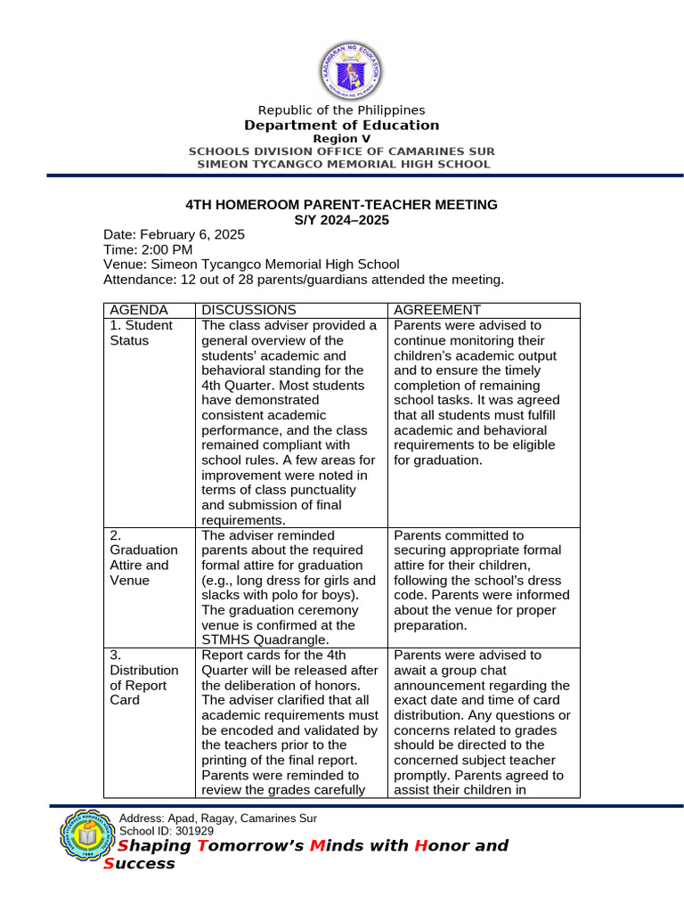 4th Parent-Teacher Meeting Summary | PDF