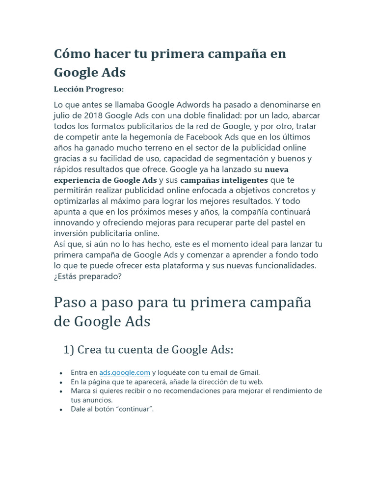 01 Cómo Hacer Tu Primera Campaña en Google Ads | PDF | Publicidad ...