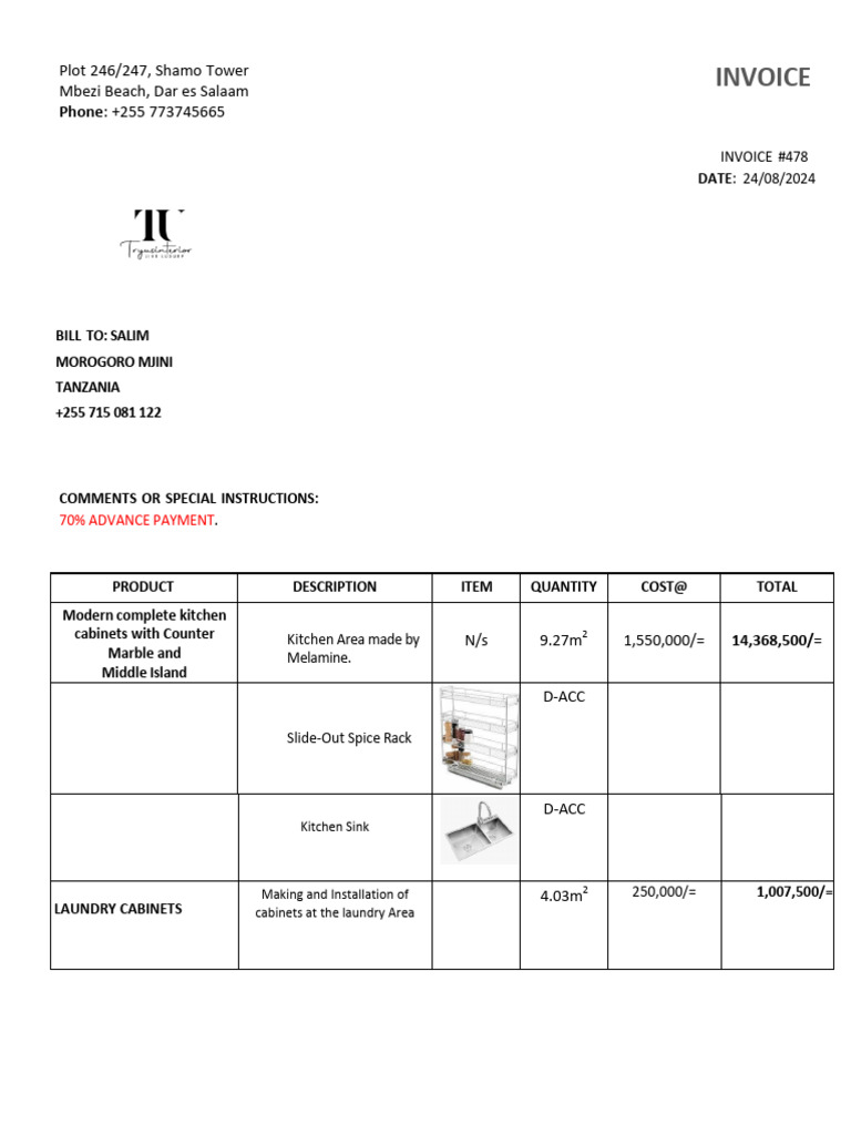 Invoice for Kitchen and Wardrobe Installations | PDF | Home Economics ...