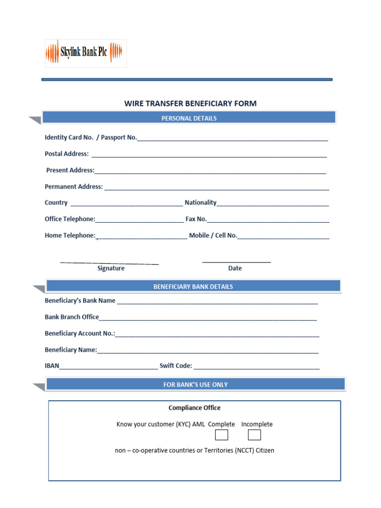Wire Transfer Beneficiary Form | PDF
