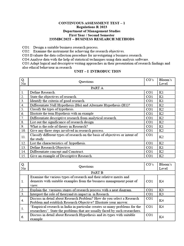 233MBC202T BRM CAT 1 Question Bank | PDF | Hypothesis | Level Of ...