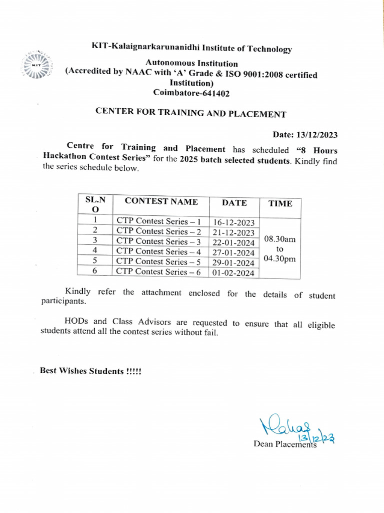 KIT Hackathon Contest Schedule 2023-2024 | PDF