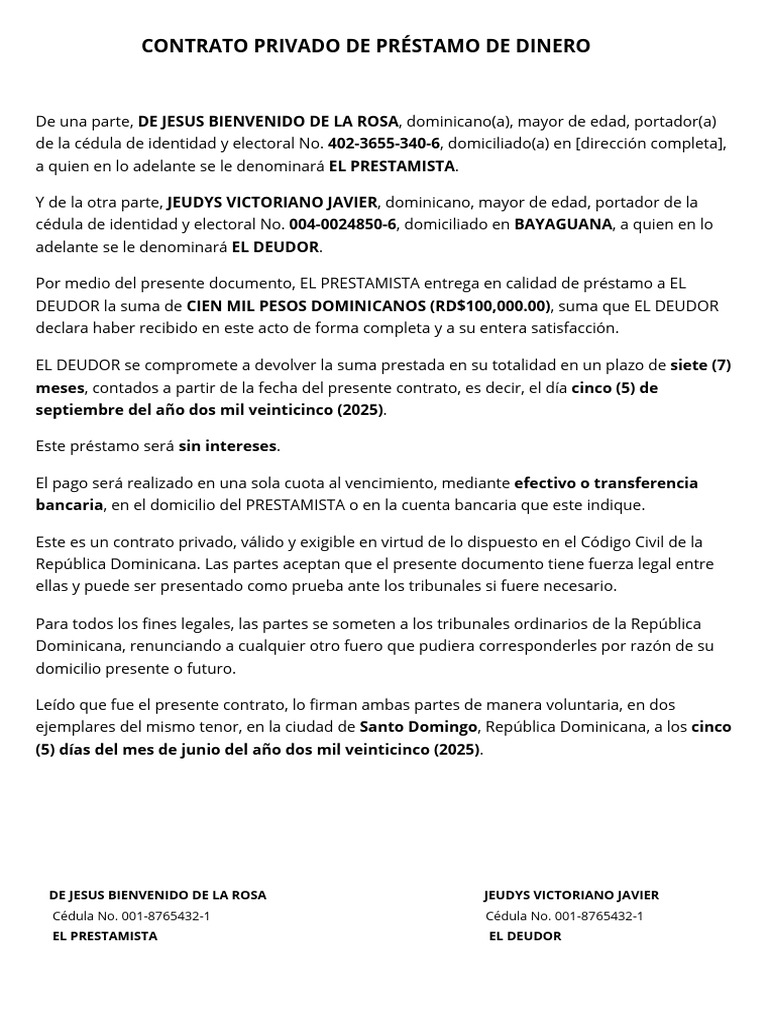 Contrato de Préstamo de Dinero | PDF