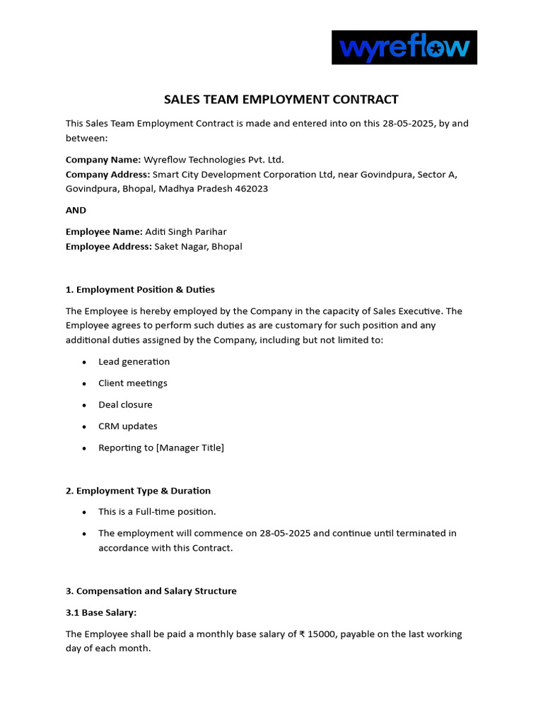 Sales Executive Employment Contract | PDF | Employment | Salary