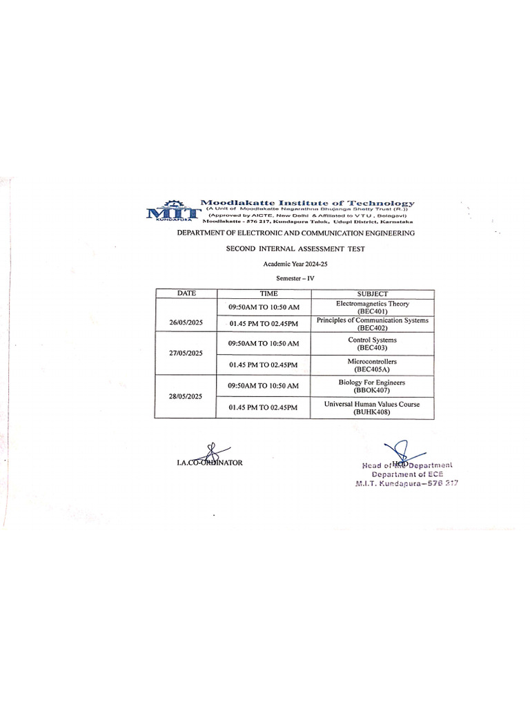 Second Internal Time Table | PDF