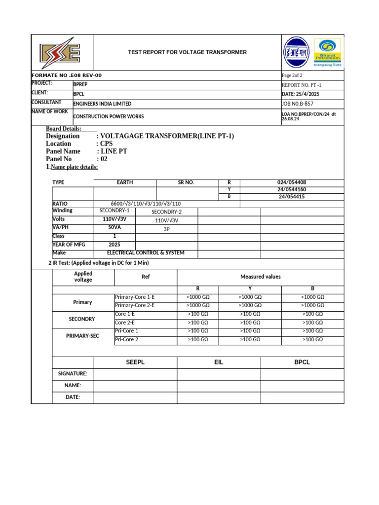 Voltage Transformer Test Report 2025 | PDF | Transformer | Mains ...