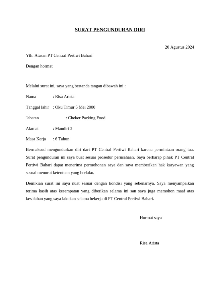 Surat Pengunduran Diri Risa Arista | PDF