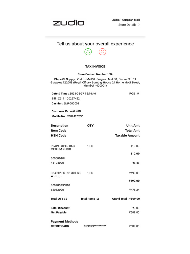 Zudio Gurgaon Mall Invoice Details | PDF