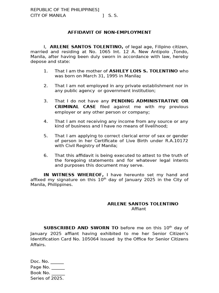 Affidavit of Non-Employment in Manila | PDF
