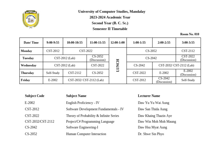 2CS 2023-2024 Sem-II Timetable Update (25.12.2023) | PDF | Computer ...