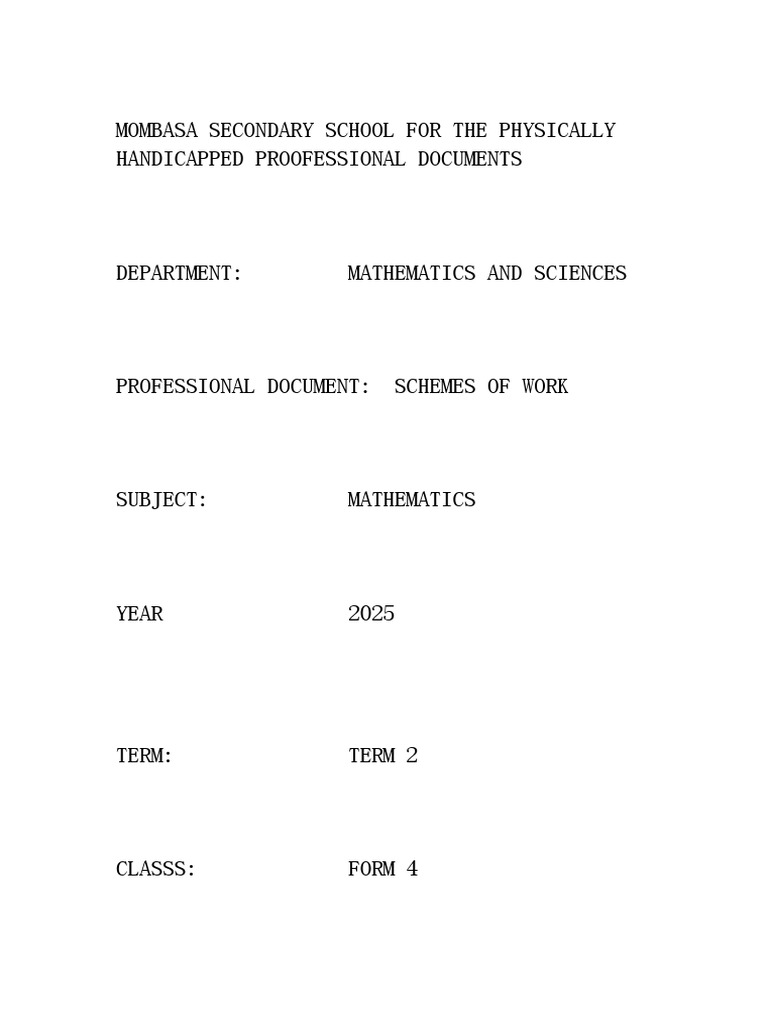 Mombasa Secondary School Math Schemes 2025 | PDF