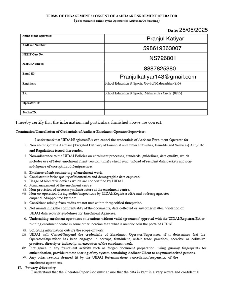 Aadhaar Operator Engagement Terms | PDF | Privacy