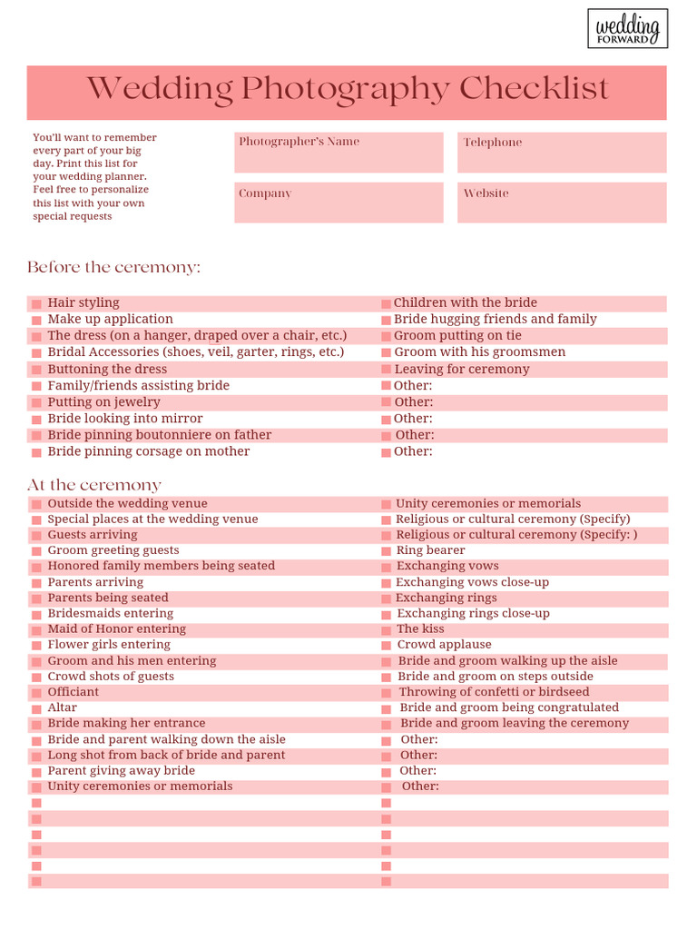 Wedding Photography Checklist 1 | PDF | Wedding | Marriage