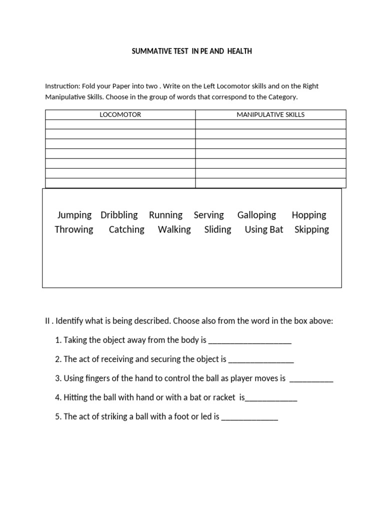 PE and Health Skills Assessment Test | PDF
