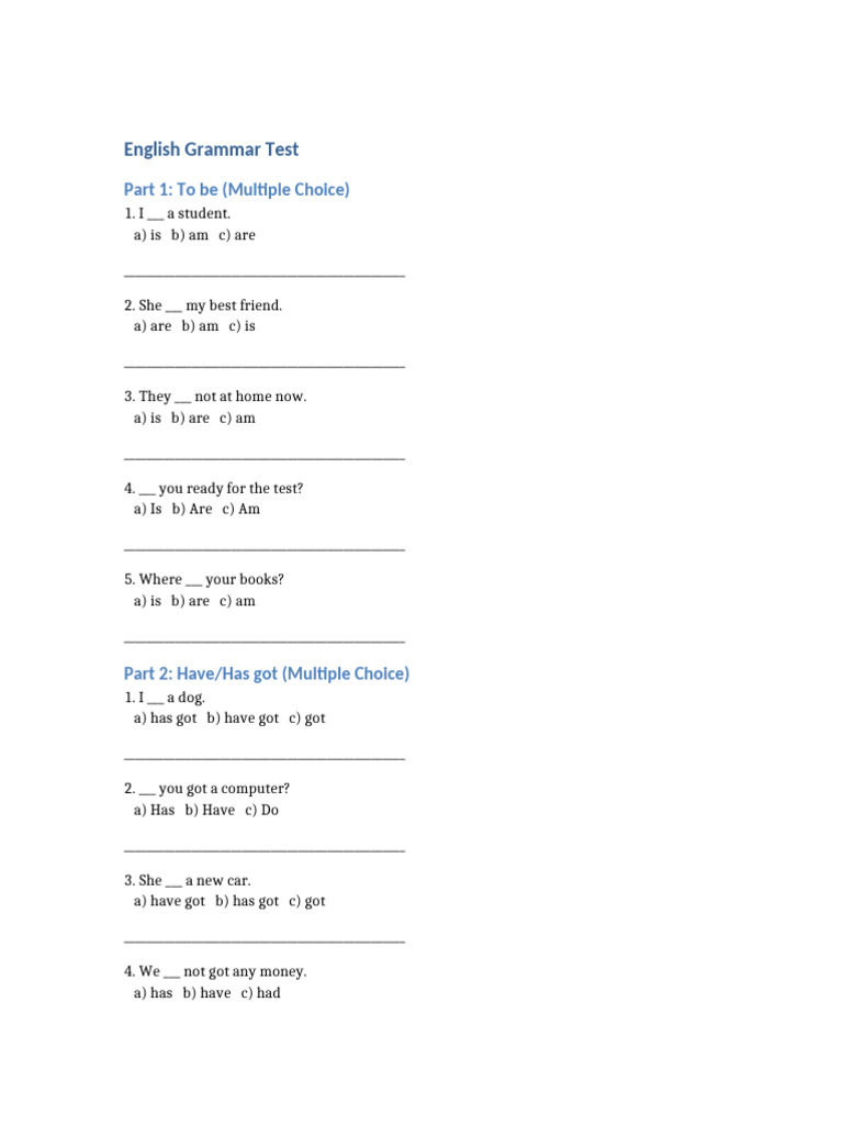 English Grammar MCQ Test with Answers | PDF | Plural | Grammar