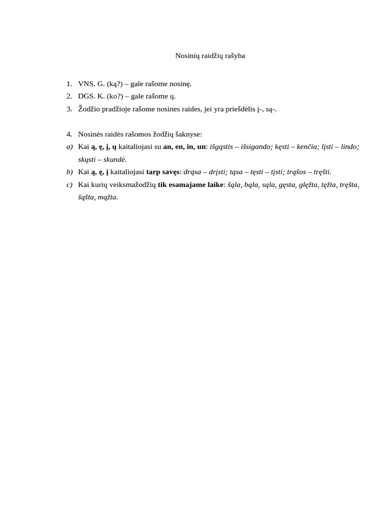 Nosinių Raidžių Rašyba. Taisyklės | PDF