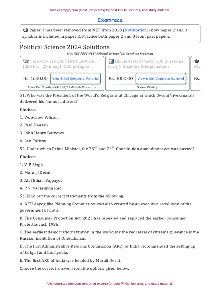 UGC Political Science August 2024 Paper Solutions | PDF | Government