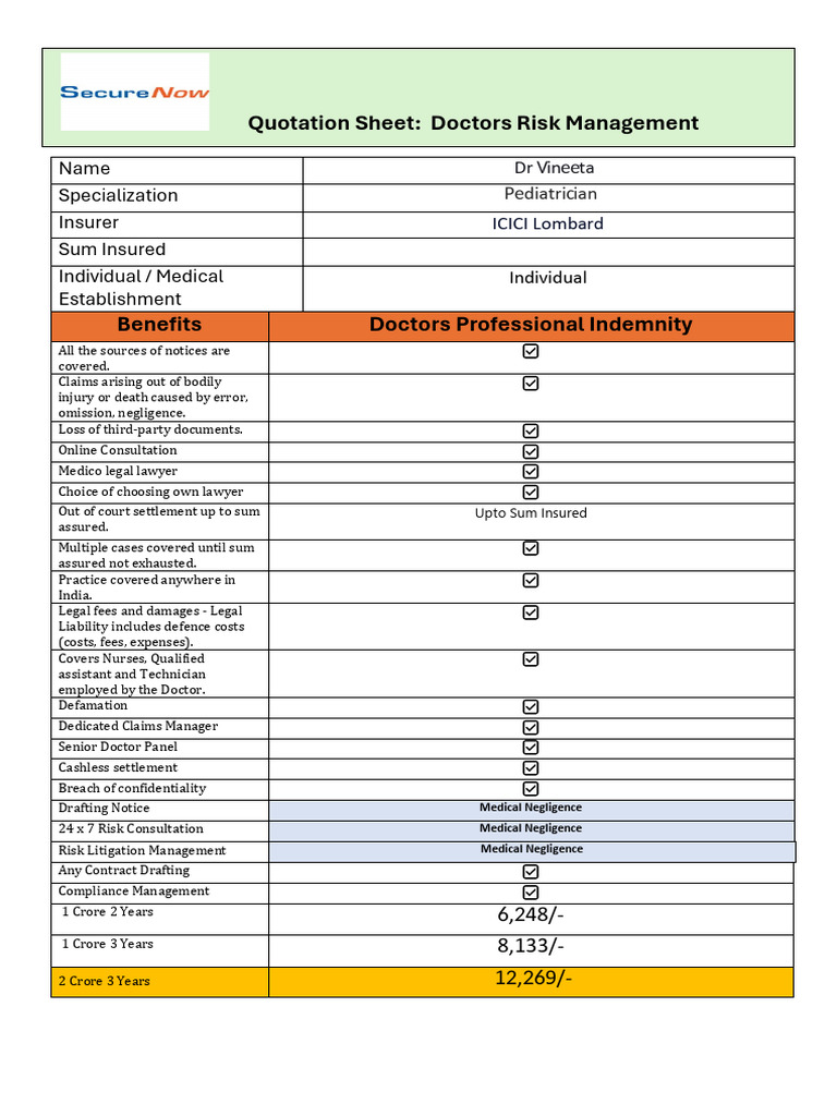 Doctors Risk Management Quotation Sheet | PDF | Liability Insurance ...