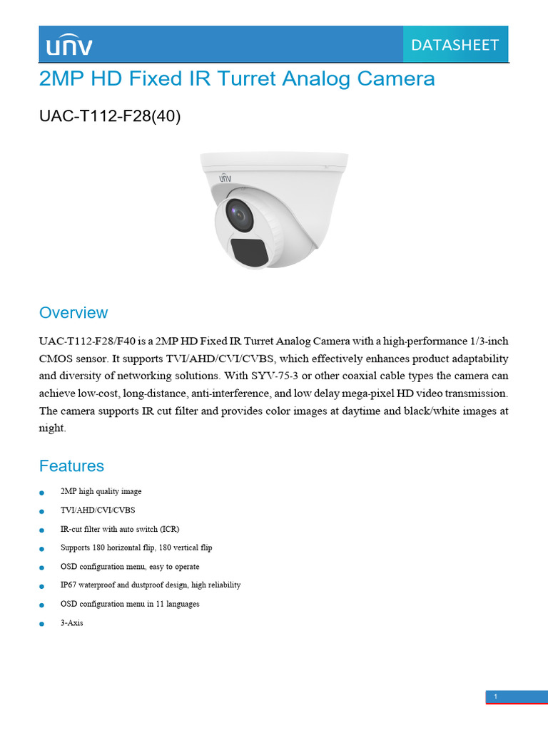 2MP HD IR Turret Camera Datasheet | PDF | Pixel | Camera