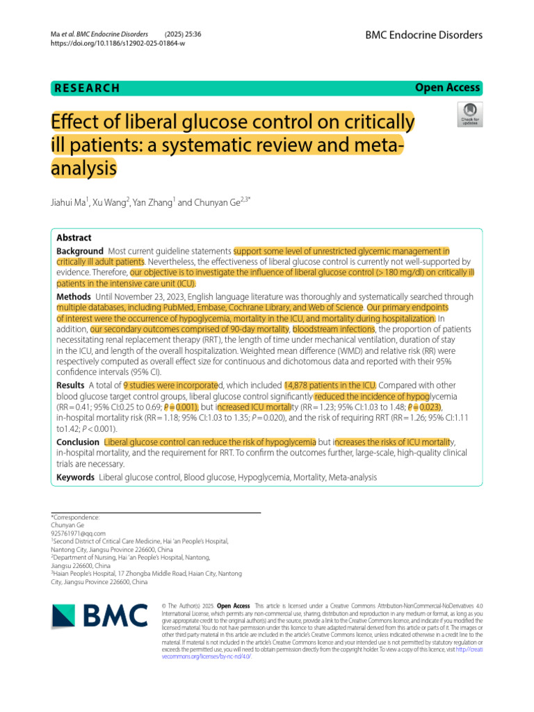 Effect of Liberal Glucose Control On Critically Ill Patients - A ...