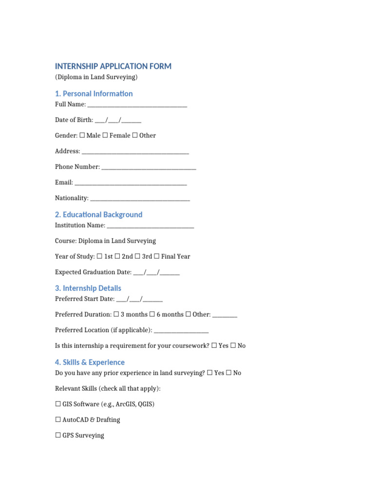 Internship Application Form Land Surveying Pdf