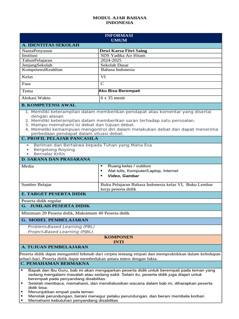 Modul Ajar Bahasa Indonesia Kelas VI | PDF