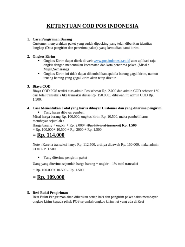 Ketentuan dan Biaya COD Pos Indonesia | PDF