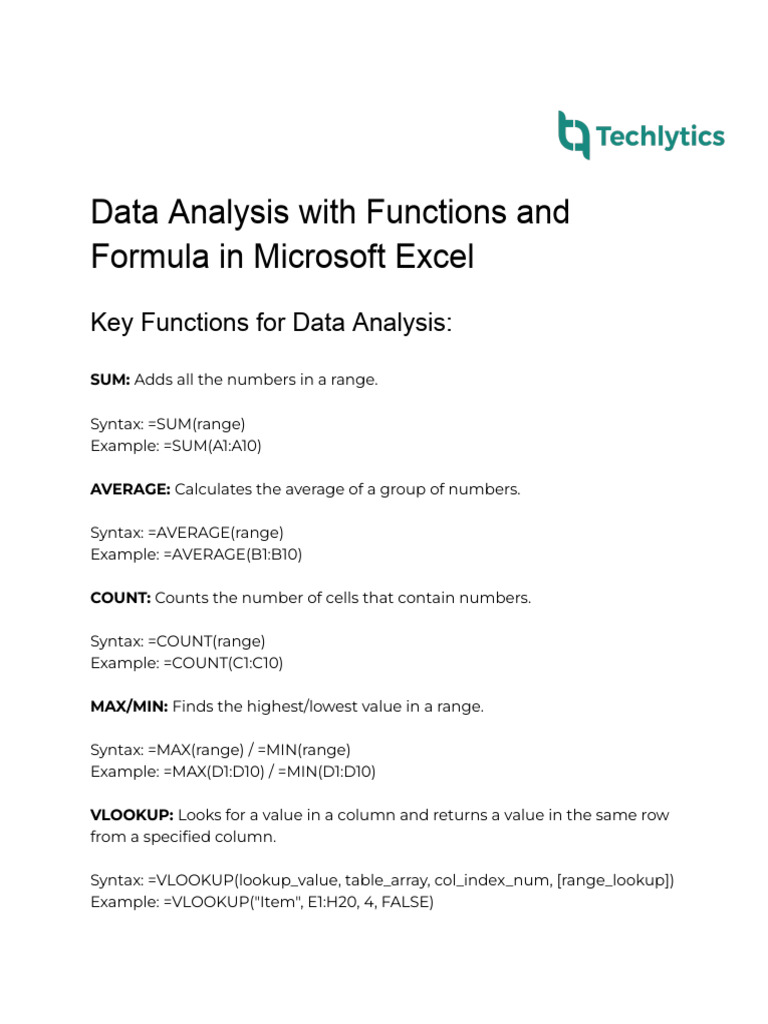Excel Data Analysis Functions Guide | PDF | Microsoft Excel | Data Analysis