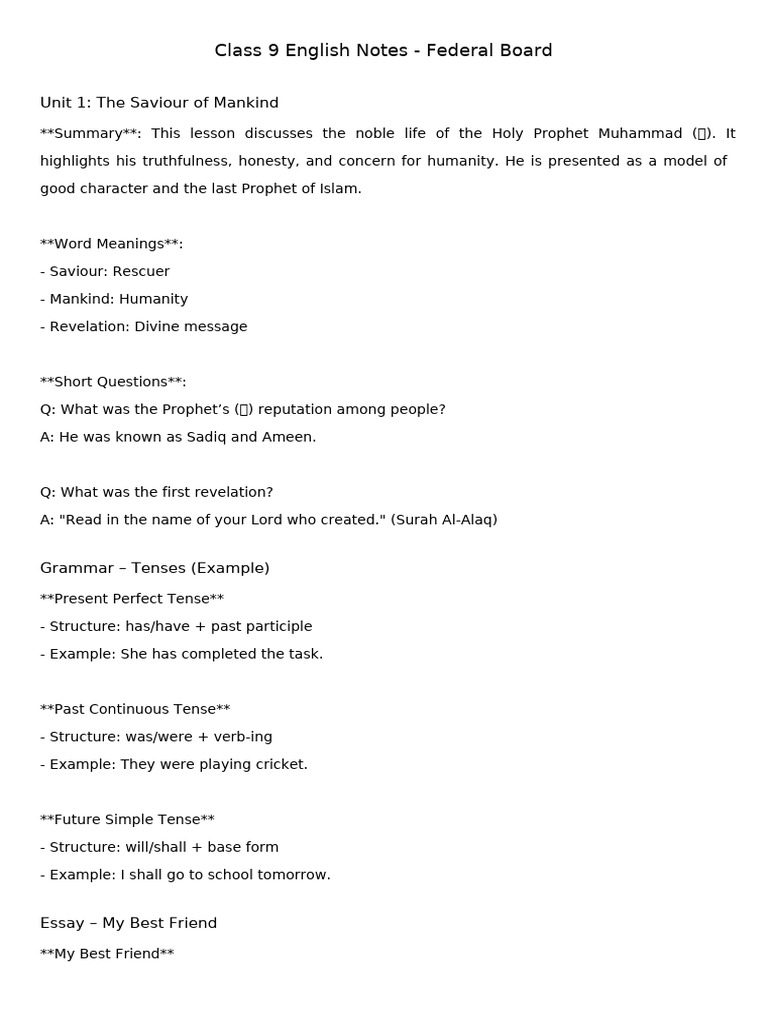 Class 9 English Notes for Federal Board | PDF