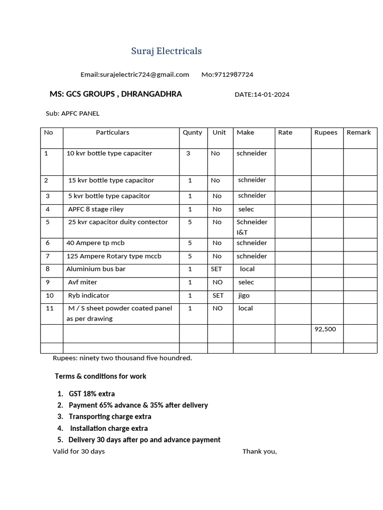 APFC Panel Quotation from Suraj Electricals | PDF