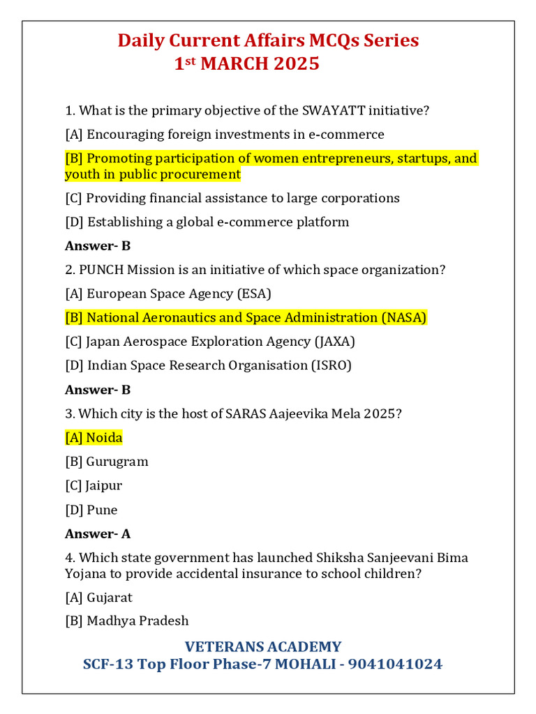 Daily Current Affairs Mcqs 1st March 2025 | PDF | Spaceflight | Space ...