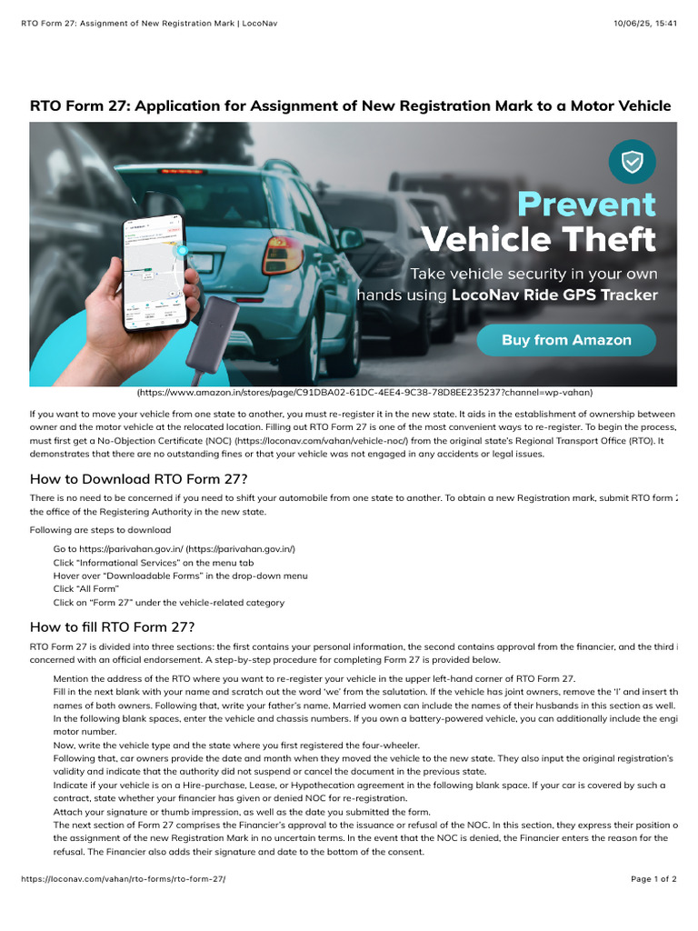 RTO Form 27: Vehicle Re-registration Guide | PDF | Transport