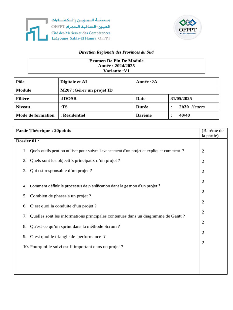 Examen Gestion de Projet ID 2024/2025 | PDF | Gestion de projet