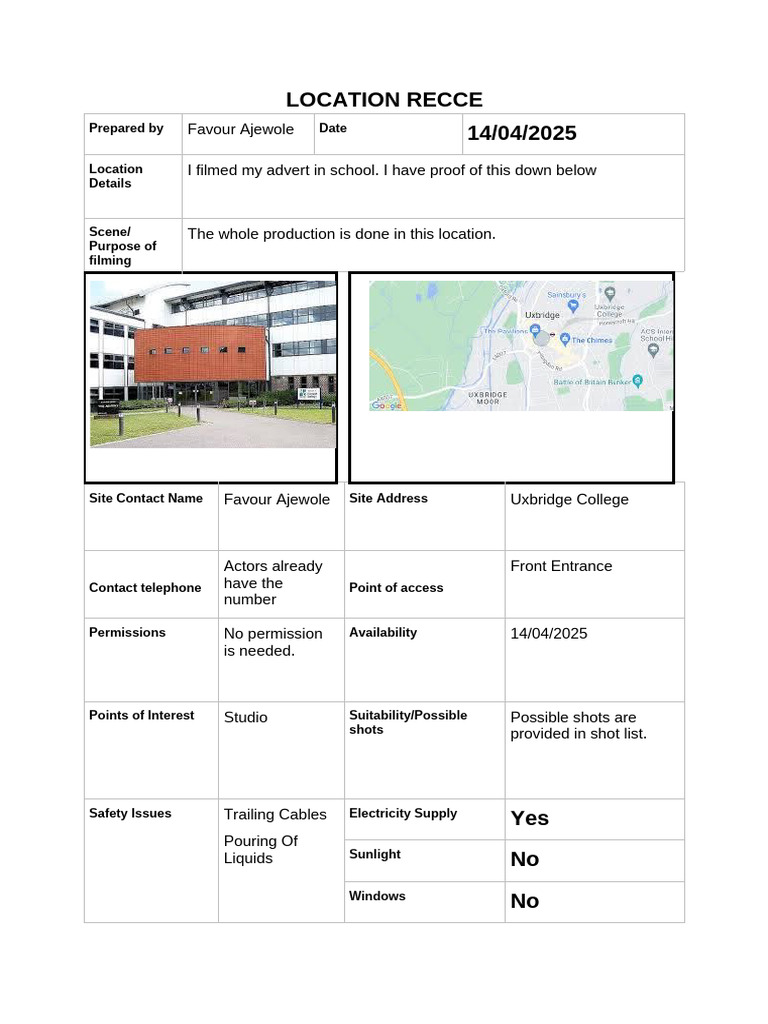 Location Recce for School Advert | PDF