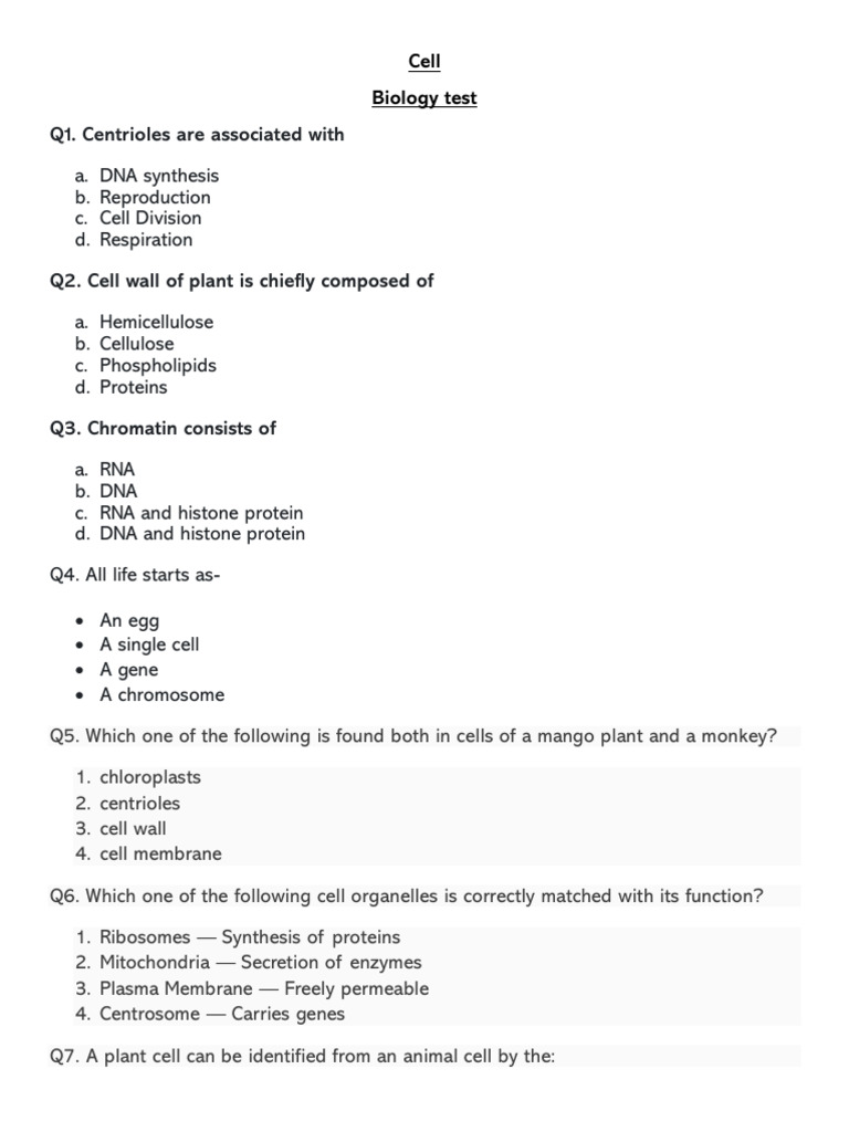 Cell Biology Test Questions and Answers | PDF | Cell (Biology) | Cell ...