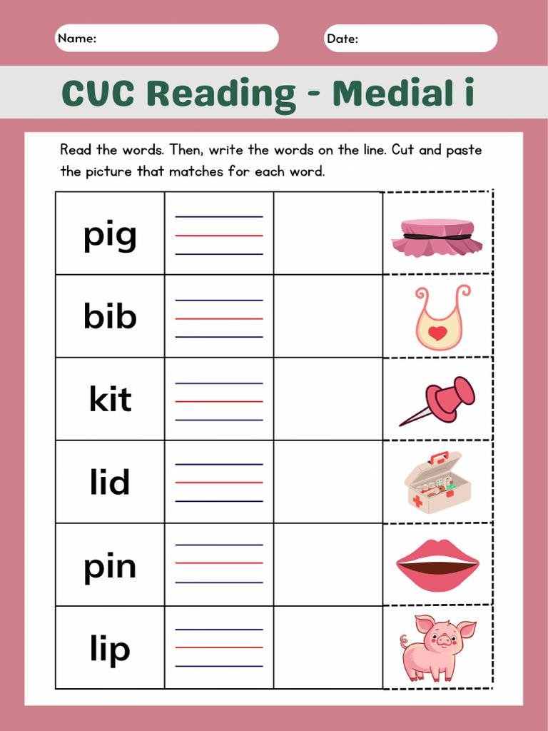 Pink Illustrative CVC Reading Worksheet | PDF