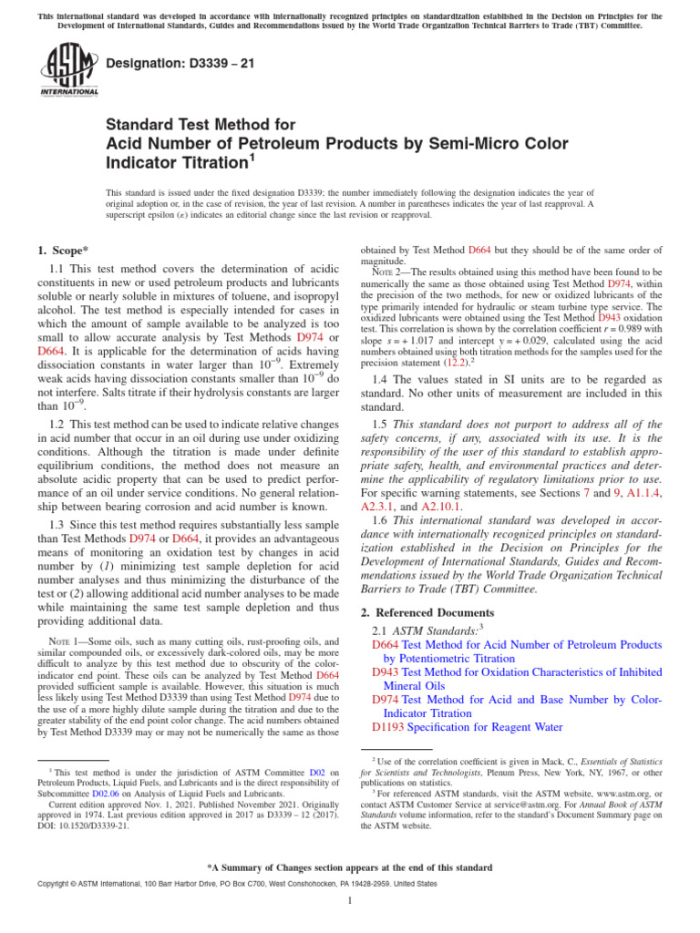 ASTM D3339: Acid Number Test Method | PDF | Titration | Chemistry
