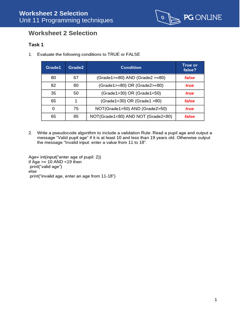 Programming Techniques Worksheet 2 Selection | PDF | Boolean Data Type