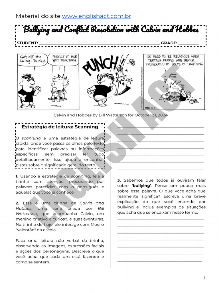 Bullying - Atividade Com Tirinha Do Calvin - Linguagem Não Verbal ...