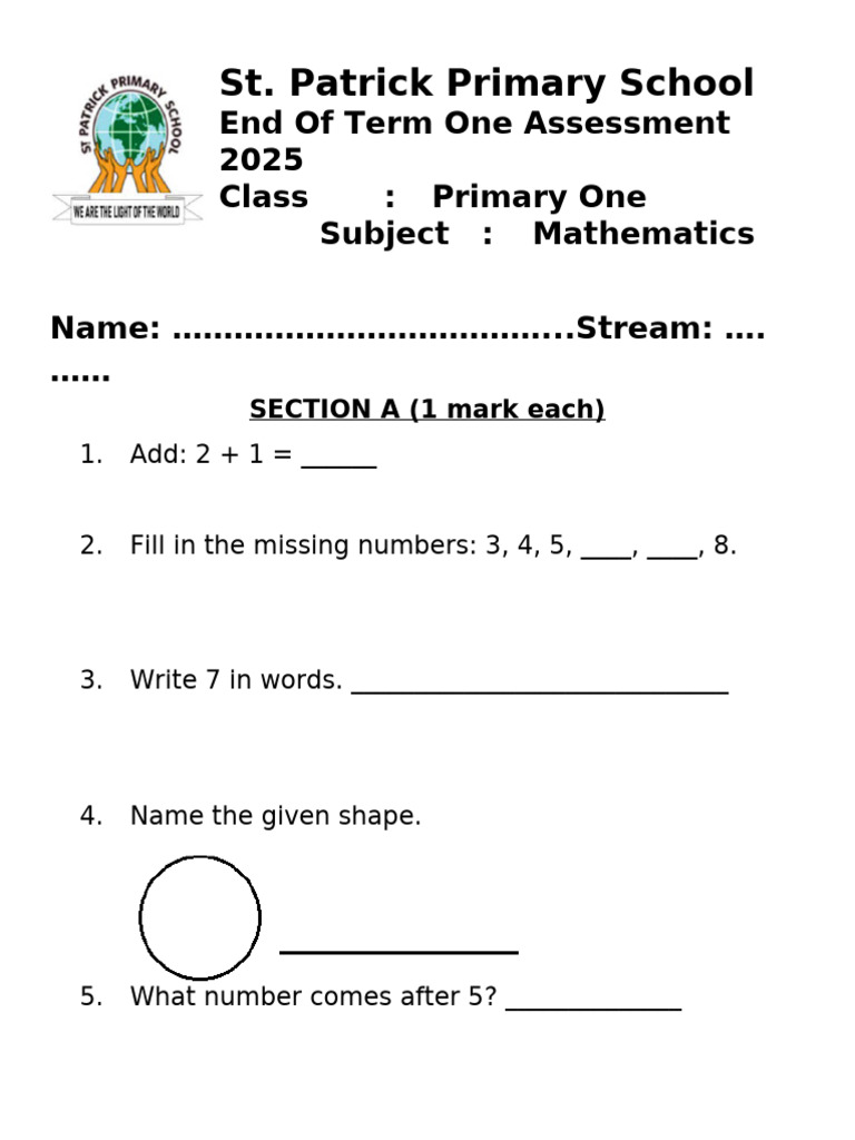 Primary One Math Assessment 2025 | PDF | Combinatorics | Discrete ...