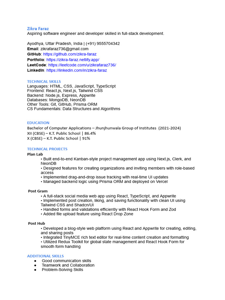 Aspiring Full-Stack Developer Profile | PDF