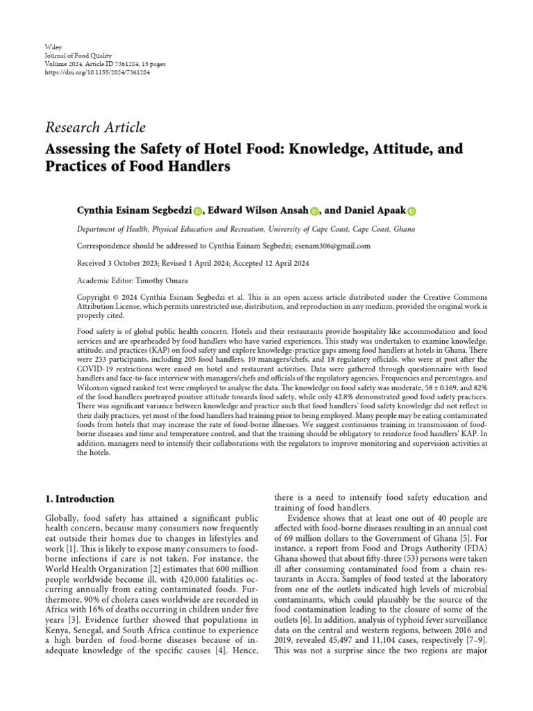 Assessing The Safety of Hotel Food Knowledge Attit | PDF | Food Safety ...