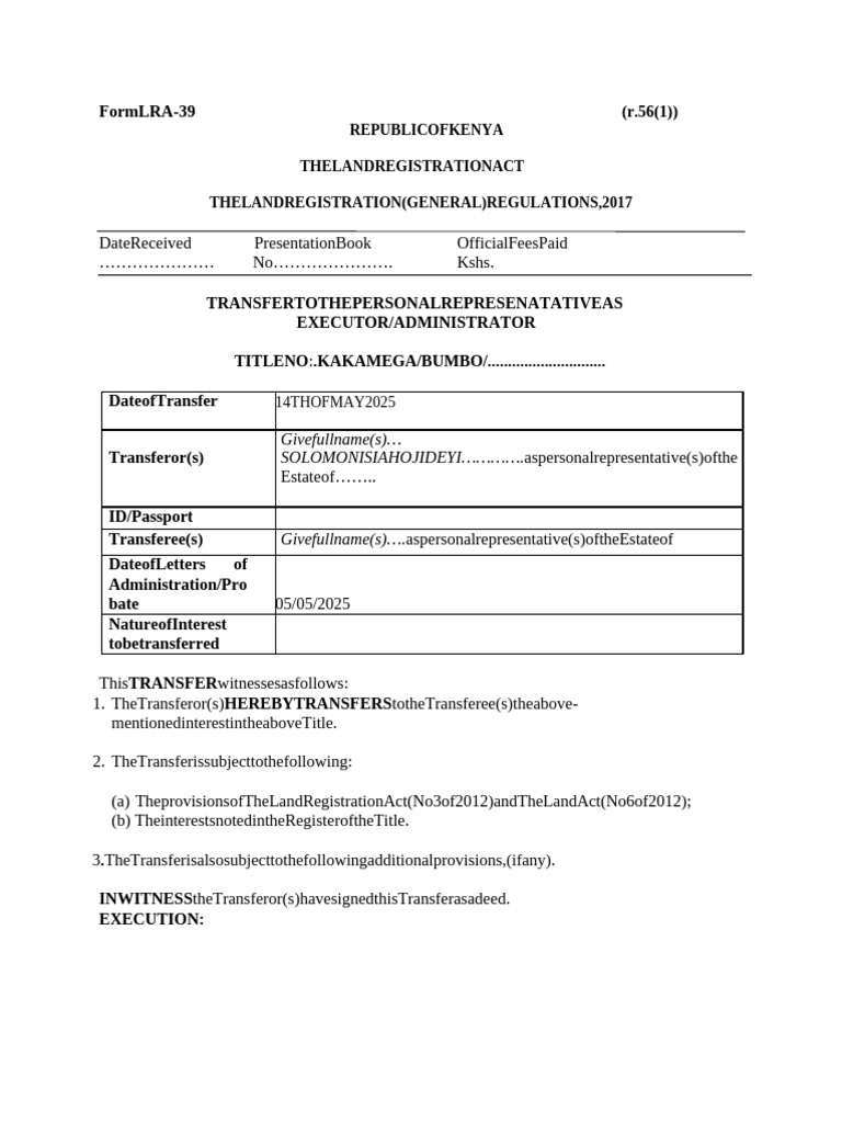 Form Lra 39 Transfer To The Personal Represenatative As Executor ...