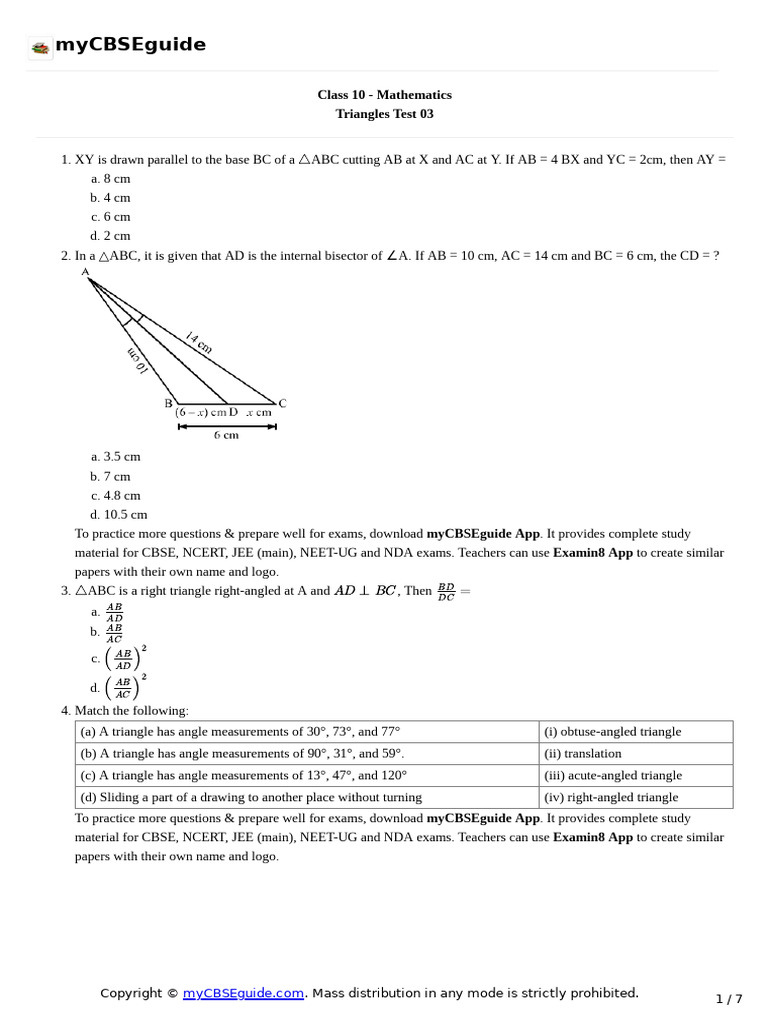 Class 10 Mathematics Triangles Test | PDF | Geometry | Euclid
