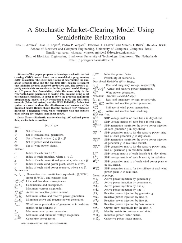 Stochastic Market-Clearing Model with SDP | PDF | Mathematical Analysis ...