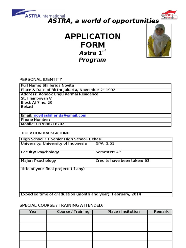 Application Form: ASTRA, A World of Opportunities | PDF