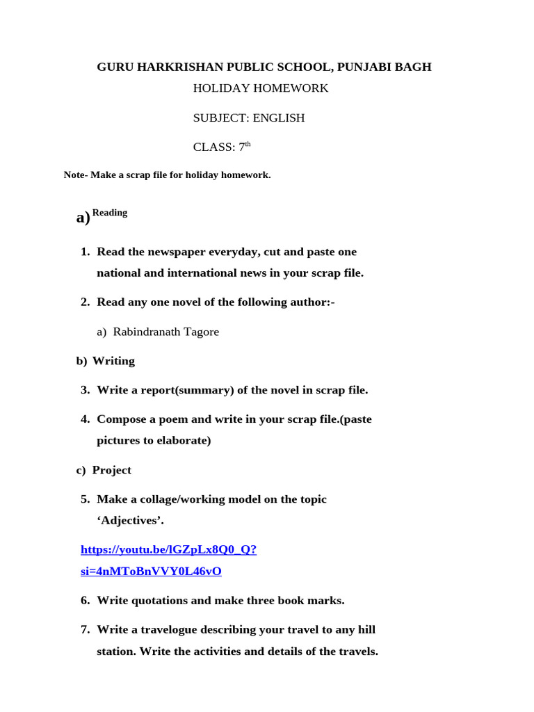 Class 7 English Holiday Homework Guide | PDF